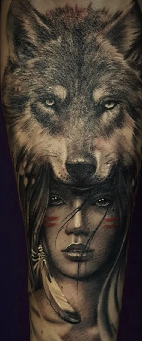 Woman Wolf Headdress Tattoo, Native American Woman And Wolf Tattoo, Native American Tattoos Wolf, Male And Female Wolf Tattoo, Wolves Tattoos For Women, Woman With Wolf Headdress Tattoo, Headdress Tattoo Female, Half Wolf Half Woman Tattoo, Wolf And Woman Tattoo