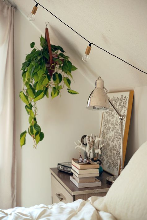 Bedroom Hanging Houseplants, Slanted Ceiling Bedroom, Plant Hanging, Slanted Ceiling, Bedroom Plants, Hanging Plant, Boho Interior, Pretty House, Dream Bedroom