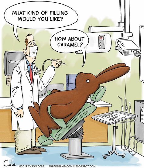 Sweet Tooth ~ chocolate Easter bunny at the dentist for caramel filling | The Deep End comic (2013-05-25) Funny Easter Pictures, Dental Social Media, Dental Posts, Dental Jokes, Dental Fun, Dentist Humor, Dental Marketing, Easter Pictures, Dental Humor