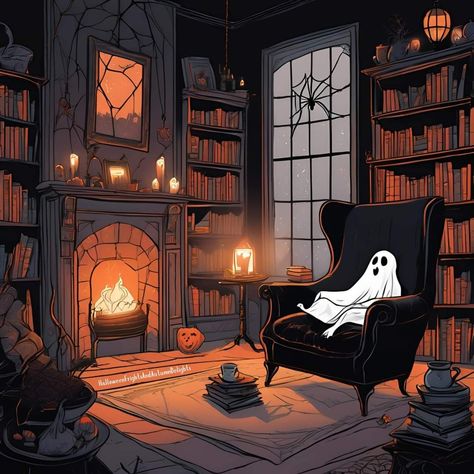 Cozy Horror Aesthetic, Halloween Book Aesthetic, October Aesthetic Spooky Wallpaper, Halloween Art Aesthetic, Soft Halloween Aesthetic, Fall Art Aesthetic, Haunted House Illustration, Spooky Artwork, Spooky Illustration