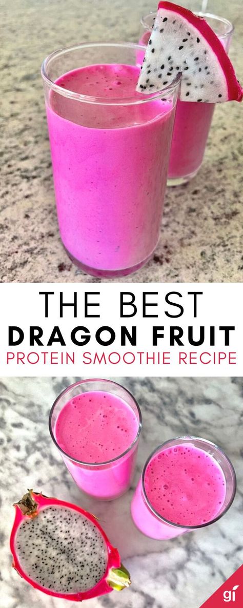 This dragon fruit protein smoothie recipe is a delicious and healthy way to start your day. It's packed with protein and tastes incredible! Smoothie Recipes With Dragon Fruit, Mango And Dragon Fruit Smoothie, Dragon Fruit Smoothie Recipe Healthy, Healthy Dragon Fruit Smoothie, Pink Dragon Fruit Smoothie, Smoothies With Dragon Fruit, Frozen Dragon Fruit Smoothie, Frozen Dragon Fruit Recipes, Smoothie Dragon Fruit