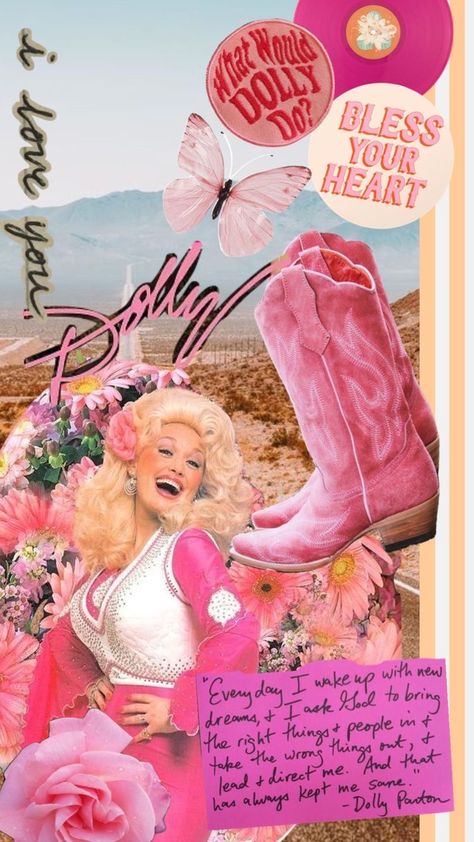 Dolly Parton Collage, What Would Dolly Do Wallpaper, Dolly Parton Wallpaper, Dolly Parton Aesthetic, Dimestore Cowgirl, Dolly Parton Birthday, Dolly Parton Quotes, Country Backgrounds, Western Wallpaper Iphone