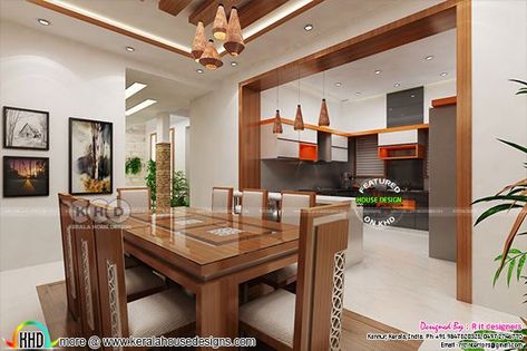 Dining with open kitchen and living room Living Room Kerala, Sloping Roof, Open Kitchen And Living Room, Interior Ceiling Design, Roof House, Pop Ceiling Design, Architecture Magazine, Ceiling Design Living Room, Hall Interior Design