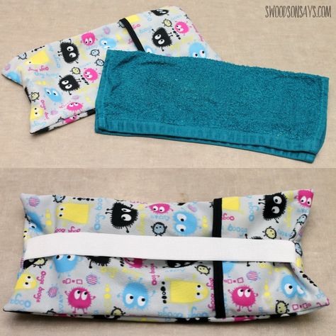 A tutorial to sew a cover for a cold washcloth or ice pack - keep it on your feverish kid's forehead without a drippy mess. Use up your PUL scraps, too! Ice Pack Cover Diy, Elastic Crafts, Ice Pack Cover, Diy Ice Pack, Diy Heating Pad, Cold Bag, First Sewing Projects, Cool Wraps, Diy Fabric Crafts