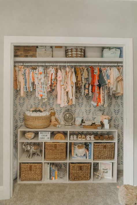 Open Closet Ideas Nursery, Newborn Closet Organization Storage, Nursery Closet With Cube Storage, Closet Organization For Nursery, Open Nursery Closet Ideas, Closet Storage Nursery, Blanket Organization Nursery, Nursery Diaper Storage, Nursery Closet Wallpaper