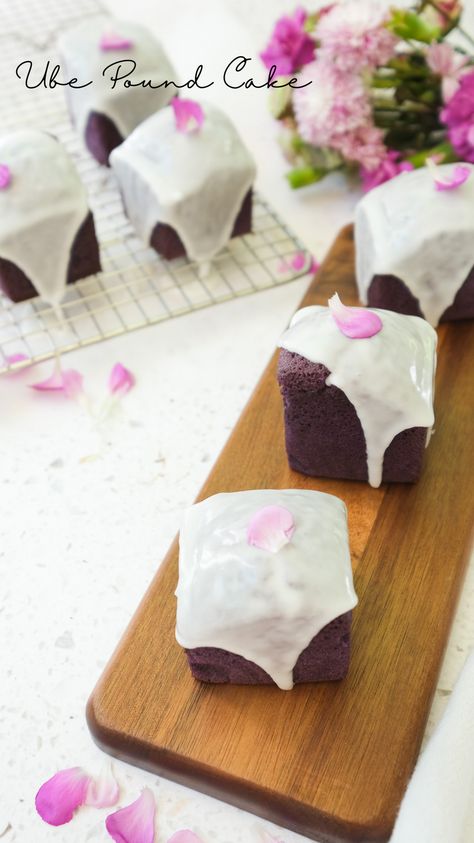 This Ube Pound Cake is buttery, moist, and tender. It’s a twist on the traditional pound cake with earthy and vanilla flavor and a coconut glaze drizzle on top. Ube Pound Cake, Ube Custard Cake, Easy Ube Cake Recipe, Ube Chiffon Cake, Traditional Pound Cake, Asian Inspired Desserts, Ube Macapuno Cake, Coconut Glaze, Creaming Method