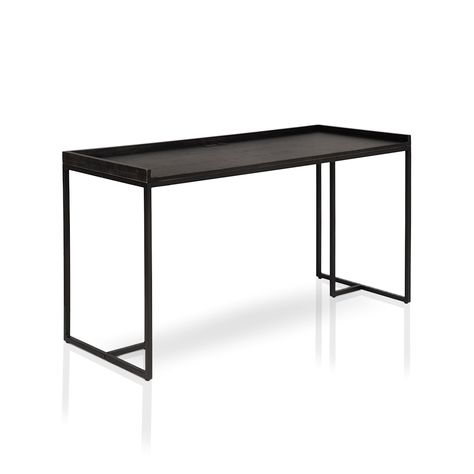 The minimalist will enjoy this lipped black desk on a matching steel frame. Although it's simple design suggests a delicate structure, an anti-tipping mechanism prevents the desk from falling over. You can attach wheels with locking brakes for easy mobility and stability in an office. And have the freedom to write while your phone and computer charge on the plugged in ports. Furniture of America Cinnama 59-in Black Pine Computer Desk | IDF-DK5674 Industrial Computer Desk, Metal Computer Desk, Black Computer Desk, Modern Office Space, Wood Computer Desk, Glam Living, Desk Styling, Steel Desk, Frame Desk