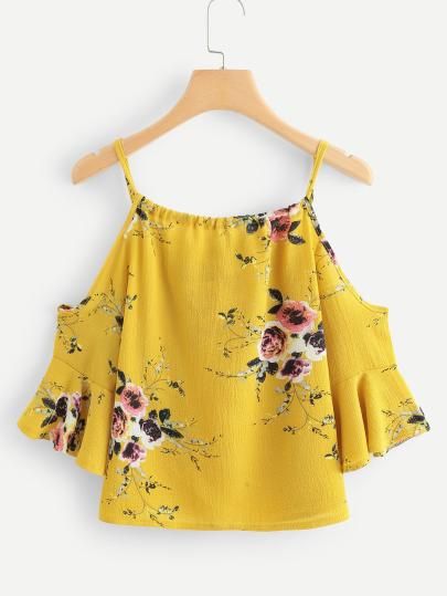 Random Botanical Print Chiffon Top -SheIn(Sheinside) Jumpsuit Frock, Chiffon Top Styles, Chiffon Blouses Designs, Printed Chiffon Tops, Fashion Garments, Chiffon Top Designs, Top Shein, Casual Wear Women, Trendy Fashion Tops