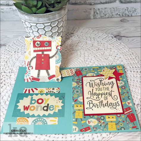 Painted Mountain Cards: Robot Pop Up Birthday Card Joy Fold Card, 94th Birthday, Fun Birthday Card, Lawn Fawn Blog, Spring Animals, Step Cards, 65th Birthday, Whimsy Stamps, Easel Cards