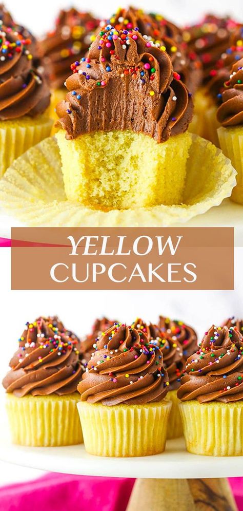 Yellow Cupcakes With Chocolate Frosting, Yellow Cake Cupcakes, Cupcakes With Chocolate Frosting, Creamy Chocolate Frosting, Chocolate Frosting Recipe, Vanilla And Chocolate Cupcakes, Homemade Cupcake Recipes, Yellow Cupcakes, Cupcakes With Chocolate