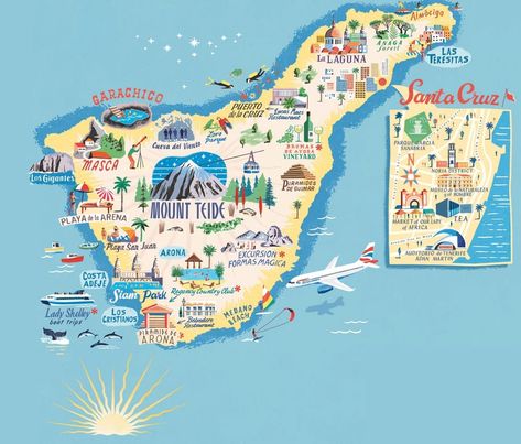 Tenerife Maps - The tourist maps of Tenerife to plan your trip Canary Islands Spain, Tourist Map, Illustrated Map, Tourist Places, Places Of Interest, Travel Board, Canary Islands, Spain Travel, Holiday Destinations