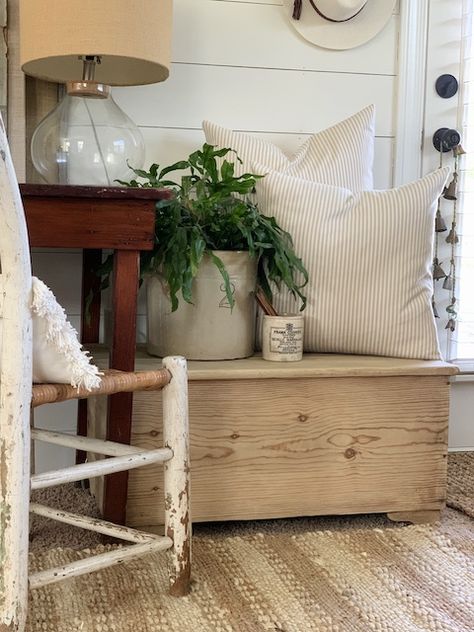 Bleaching Wood Furniture: A Little Chest - MY WEATHERED HOME How To Decorate Top Of Hope Chest, Blanket Chest Decor, Hope Chest Styling, Wooden Toy Chest Makeover, Chest Furniture Ideas, Painted Wooden Blanket Chest, Chest Decor Living Room, Hope Chest Decorating Ideas, Cedar Chest Decor Ideas