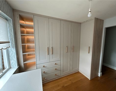 Grey Fitted Wardrobes, Built In Lighting, Sloped Ceiling Bedroom, Sliding Wardrobe Design, Alcove Storage, Integrated Lighting, Countryside Home, Corner Wardrobe, Sliding Wardrobe Doors