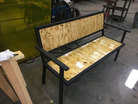 Bench I made from 1.5” by 1.5” square tubing with wood insert. Square Tube Furniture, Square Tubing Projects, Wood Insert, House Crafts, Garden Bench, Welding Projects, Cool Furniture, Diy Ideas, Mid-century Modern