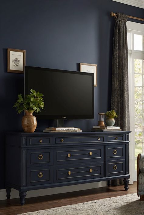 bedroom decorating, bedroom interior design, bedroom decor ideas, bedroom furniture design Tv Console Furniture Flip, Navy Tv Stand, Tv On Dresser In Bedroom, Tv Console Furniture, Painted Tv Stand, Ultimate Bedroom, Media Consoles, Dresser With Tv, Tv Stand Decor