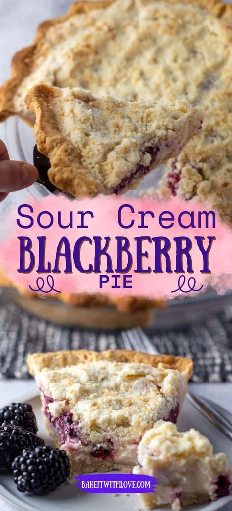 My sour cream blackberry pie features a flaky crust, sweet blackberry filling, and an irresistibly delicious streusel topping! It is easy to make and ready to enjoy in under an hour! Not to mention, it freezes incredibly well, so go ahead and make 2 pies so you can save one for later! BakeItWithLove.com Sour Cream Pie, Blackberry Pie, Homemade Snickers, Refrigerated Pie Crust, Cream Pie Recipes, Frozen Custard, Easy Pie, Easy No Bake Desserts, Fruit Pie