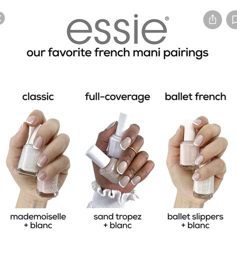 Base Color For French Manicure, Essie French Manicure Colors, Essie French Manicure, French Manicure Base Color, Essie Mademoiselle Nail Polish, Essie Mademoiselle, Colored French Nails, Ig Nails, Essie Nail Polish Colors