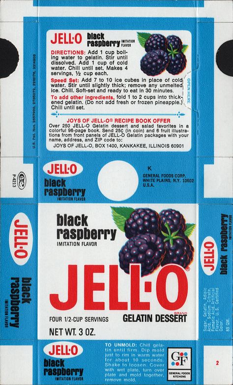 General Foods Jell-O Black Raspberry Gelatin Dessert box f… | Flickr Dessert Box, Box File, Gelatin Dessert, Dessert Boxes, Jell O, Frozen Pineapple, Vintage Packaging, Food O, Black Raspberry