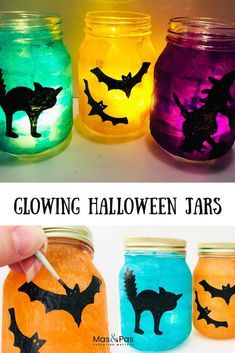 Halloween Jar Lanterns, Light Up Mason Jars Diy, Light Up Halloween Decorations, Halloween Jars Ideas, Diy Halloween Lights, Light Up Jars, Halloween Mason Jars Diy, 1st Grade Crafts, Disney Fall