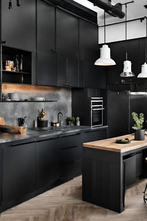 Black And White Aesthetic Kitchen, Small Black Kitchen Ideas, Black Kitchen Inspiration, Small Kitchen Diner, Black Kitchen Ideas, All Black Kitchen, Industrial Chic Kitchen, Black Kitchen Design, Rome Apartment