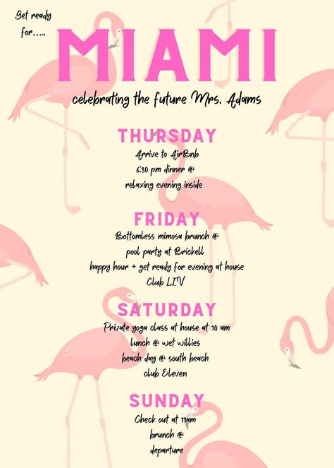 Miami Bachelorette - Etsy Bachelorette Party Miami, Flamingo Bachelorette, Four Day Weekend, 4 Day Weekend, Miami Bachelorette Party, Miami Bachelorette, Bachelorette Itinerary, Private Yoga, Weekend Itinerary