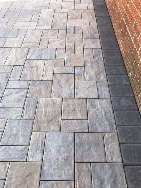 Concrete Pavers Walkway, Pavers Walkway, Front Walkway Landscaping, Pavers Design, Driveway Pavers, Interlocking Pavers, Paver Designs, Concrete Patio Designs, Walkway Landscaping