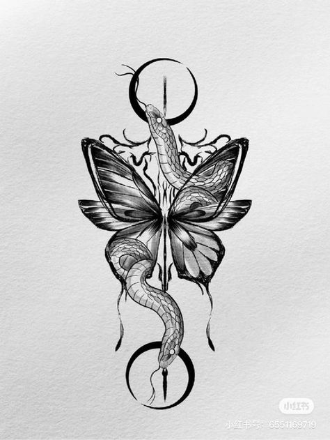 Pin en piercings ideas dark Men Butterfly Tattoo, Dark Art Tattoo Ideas, Dark Butterfly Tattoo, Dark Style Tattoo, Lil Tattoo, Tattoo Cobra, Horror Tattoo Ideas, Piercings Ideas, Snake Tattoos