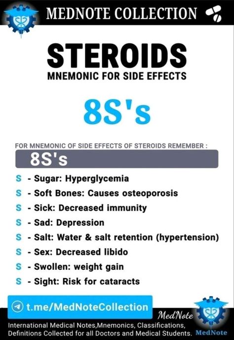 Steroids Side Effects, Pharmacology Mnemonics, Medical Terminology Study, Student Doctor, Medical Assistant Student, Nursing Information, Medical Mnemonics, Medical Notes, Nursing School Essential