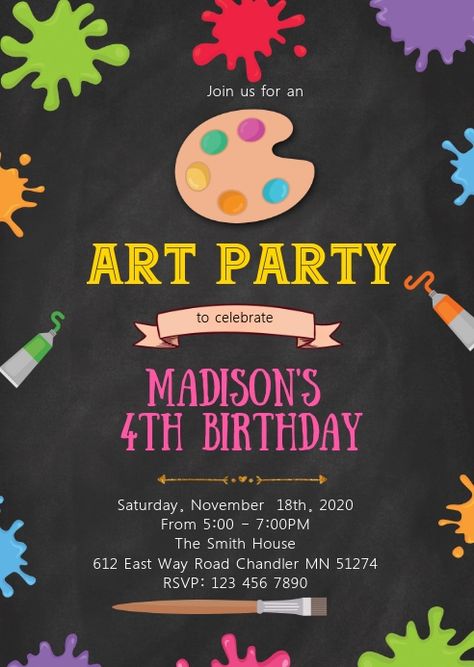 Art Birthday Party Invitations, Art Party Invitations, Invert Colors, Painting Competition, Art Birthday Party, Promotional Flyers, Birthday Invites, Birthday Flyer, Visiting Card