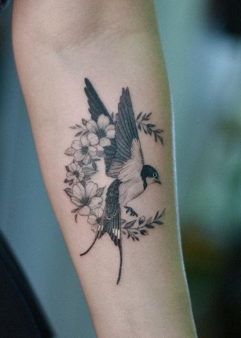 Swallow And Moon Tattoo, Moon Bird Tattoo, Dove With Flowers Tattoo, Moon And Bird Tattoo, Swallow And Flower Tattoo, Flowers And Birds Tattoo, Etching Tattoos, Bird Ankle Tattoo, Swallow Bird Tattoo