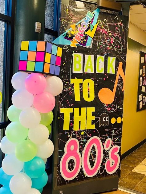 Entrance to 80s hallway 90s Hallway Decorations, 80s Homecoming Float, 80s Dance Party Decorations, 80s Door Decorating, 80s Hallway Decorations, 80s Bulletin Board Ideas, 80s Prom Aesthetic Decorations, 80s Party Decorations Diy, Dti Theme 1980’s