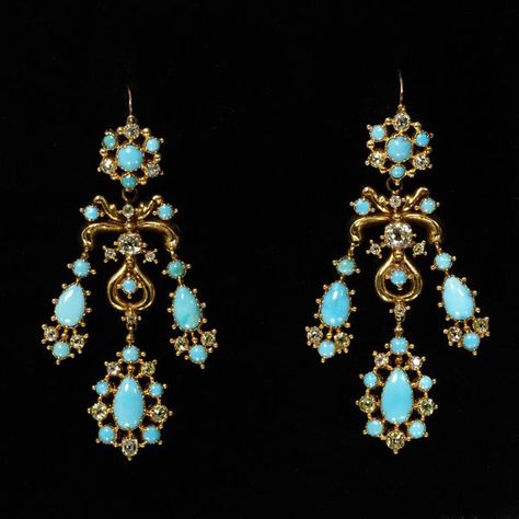 Turquoise and diamond earrings, English, c.1830, Victoria and Albert Museum, London Antique Turquoise Jewelry, Turquoise Jewelry Earrings, Sentimental Jewellery, Antique Turquoise, Georgian Jewelry, American Jewelry, Stylish Earring, Antique Earrings, Victorian Jewelry