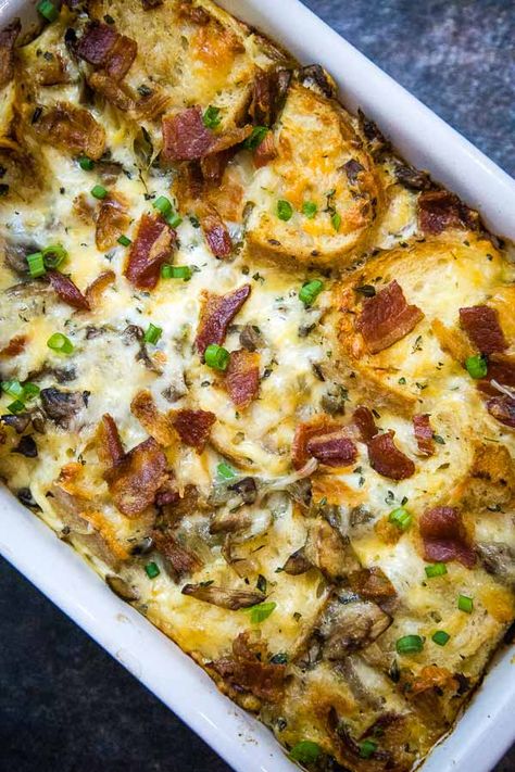 Mushroom Strata Recipe with Bacon and Cheese Breakfast Casserole Overnight, Mushroom Strata, Casserole Recipes Easy, Breakfast Casserole With Bacon, Strata Recipes Breakfast, Overnight Casserole, Savoury Bread, Strata Recipe, Casserole With Bacon