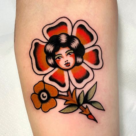 Traditional Flower Lady Tattoo, American Traditional Friendship Tattoo, American Traditional Lesbian Tattoo, Traditional Peach Tattoo, Thigh Tattoo Traditional, American Traditional Lady Head, Trad Woman, Traditional Tattoo Face, Traditional Woman Tattoo