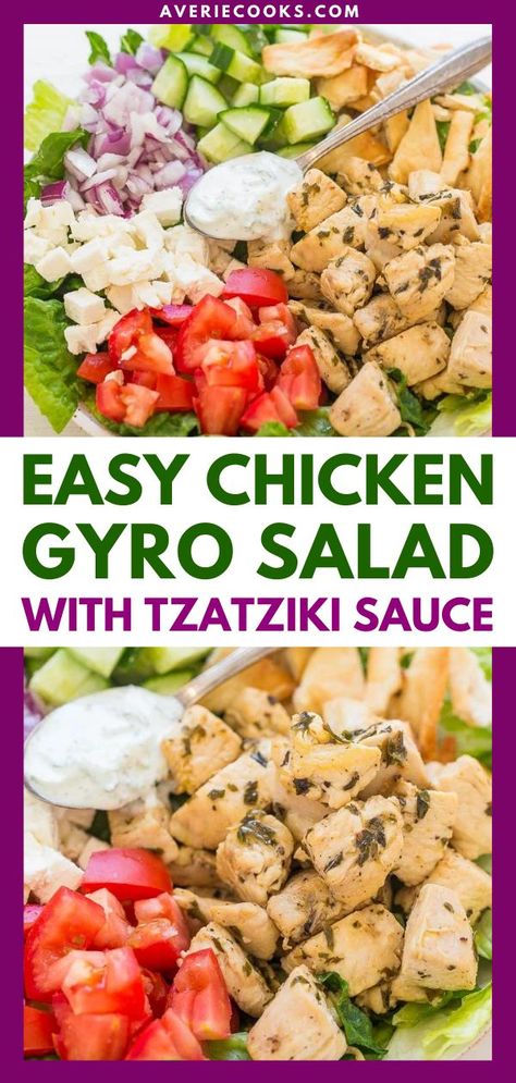 Chicken Gyro Salad with Tzatziki Sauce, healthy chicken recipes, weeknight dinner recipes Chicken Gyro Salad, Healthy Gyros, Gyro Salad, Tzatziki Chicken, Chicken Gyro, Greek Chicken Salad, Homemade Tzatziki Sauce, Averie Cooks, Homemade Tzatziki