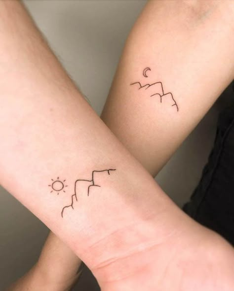 Day and night - Matching wrist tattoos for mother and son by @9dotstattoo Small Cute Mother Daughter Tattoos, Cute Animal Tattoos Simple, Sibling Minimalist Tattoo, Matching Women Tattoos, Mother Of Two Tattoo Ideas Minimalist, Mother And Son Tattoo Ideas Matching, Mother Child Tattoos, Small Matching Tattoos For Sisters, Small Sibling Tattoos