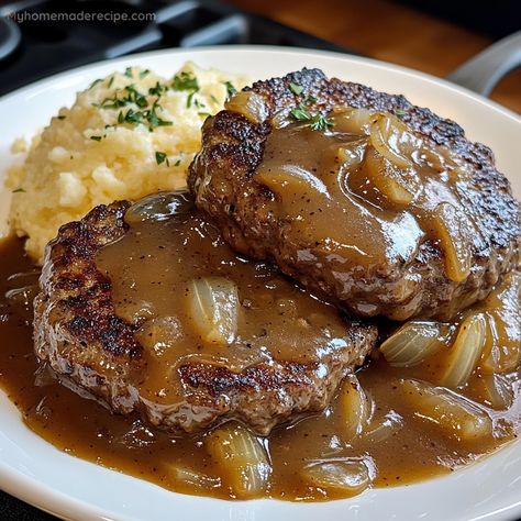 Hamburger Steaks With Onion Gravy Hamburger Steaks With Onion Gravy, Hamburger Recipes Easy, Hamburger Meat Recipes Easy, Italian Sausage Recipes Pasta, Hamburger Steaks, Hamburger Dishes, Meatball Recipes Easy, Hamburger Steak, Ground Meat Recipes