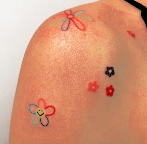 Star Tattoos Colorful, Colored Matching Tattoos, Tiny Tattoos Color, Stepchildren Tattoo Ideas, Colorful Tiny Tattoos, Small Green Tattoo, Tiny Color Tattoos, Tiny Colorful Tattoos, Cute Colorful Tattoos