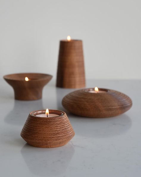 Just in time for those shorter days and longer nights where a little bit of #hygge can make all the difference. New Tealight Holders in Oak with our wheel thrown pottery inspired Linea Finish. Also available in American Walnut and Sycamore. Back to front in the first image Taper, Sensai, Køben and River Stone, all available in limited numbers via pre order in tomorrows Autumn Collection Launch . . . . . . . #nordichome #tealightholder #birdandbranch_turnery_co #productdesign #tealights #or... Wood Turned Bowls, Tea Candle Holders, Wood Shapes, Chip Carving, Wood Shop Projects, Wheel Thrown Pottery, Wooden Candle Holders, Wood Turning Projects, Tea Candles