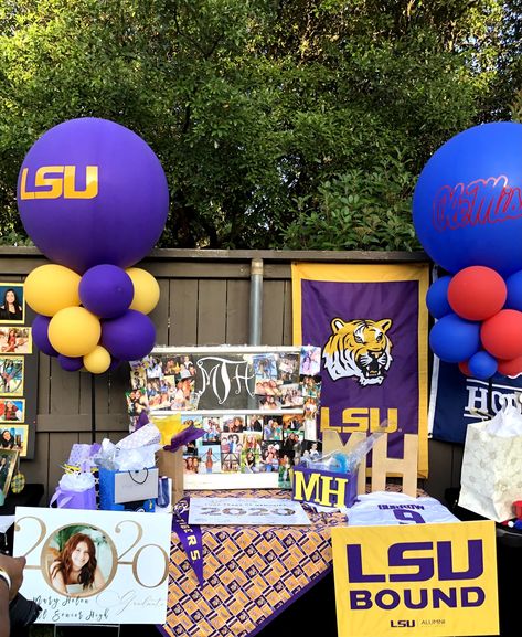 Lsu Graduation Party Ideas, Lsu Table Decorations Party Ideas, College Trunk Party Ideas, College Bound Party Ideas, Signing Day Table College Track, College Reveal Party, Lsu Themed Graduation Party, Trunk Party Decorations, Lsu Party Decorations