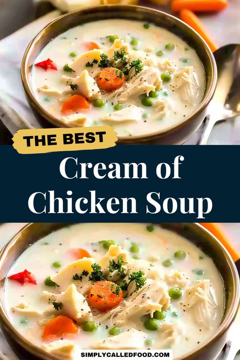 Discover the best homemade cream of chicken soup recipe, an easy, quick, and simple dinner solution. Made with fresh vegetables and tender chicken breast or cooked chicken, it's fast to prepare and perfect for any meal. You can prepare homemade cream of chicken soup in a Crock Pot, instant pot, slow cooker, pressure cooker, or stove top. Explore this homemade cream of chicken soup recipe and more soup recipes at simplycalledfood.com. Recipe For Cream Of Chicken Soup, Cream Chicken Soup Recipes, Chicken Recipes Cream Of Chicken, Cream Based Soup Recipes, Cream Of Chicken Soup Recipes Dinners, Cream Of Chicken Soup Recipes, Soup In A Crock Pot, Homemade Cream Of Chicken Soup, Homemade Cream Of Chicken