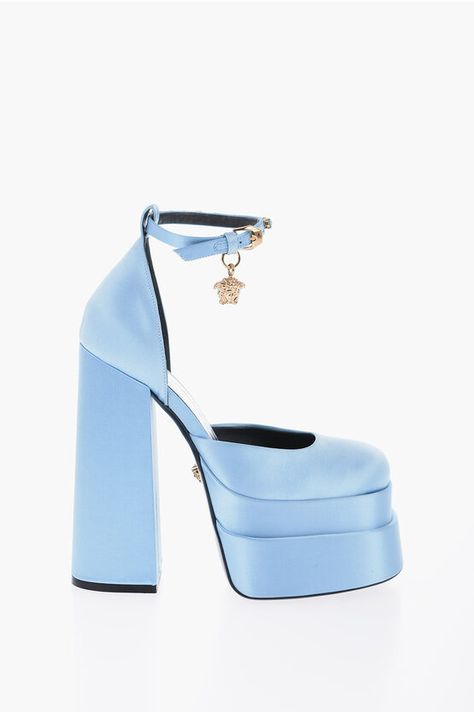 Versace Jewel Strap Satin Platform Pumps 16cm women - Glamood Outlet Versace Pumps, Shine On, Platform Pumps, Platform Heels, Versace, Outlet, Heel Height, Buy Now, Light Blue