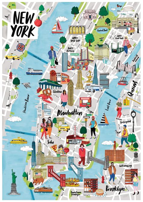 illustrated map of New York and Brooklyn New York City Map Illustration, Nyc Map Illustration, New York Tourist Map, New York Map Art, New York Map Aesthetic, New York Map Poster, New York Map Illustration, Nyc Tourist Map, New York Maps