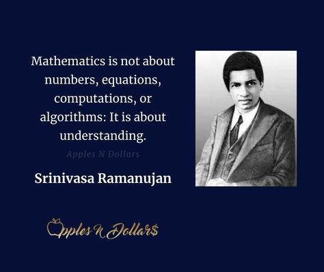 Srinivasa Ramanujan Birth Anniversary National Mathematics Day!! #dailymotivation #inspiration #motivation #nationalmathematicsday #srinivasaramanujan #mathematics #numbers #equations #algorithms #understanding #computations #applesndollars #applesndollarsdailymotivation Ramanujan Mathematics Quotes, Srinivasa Ramanujan Quotes, Ramanujan Quotes, Ramanujan Mathematics, Five Percent Nation, Mathematics Quotes, National Mathematics Day, Mathematics Day, Srinivasa Ramanujan