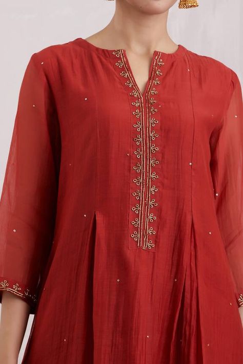 Red chanderi base kurta with box pleats, floral zardozi embroidered placket and cuffs with all-over sequin highlights. Comes with embroidered border pant and a zardozi border dupatta. - Aza Fashions Aza Fashion Outfits, Zardozi Border, Lace Kurta, Box Pleat Dress, Cotton Kurtis, Red Kurta, Kurta Cotton, Kurta Pant Set, Embroidered Kurti