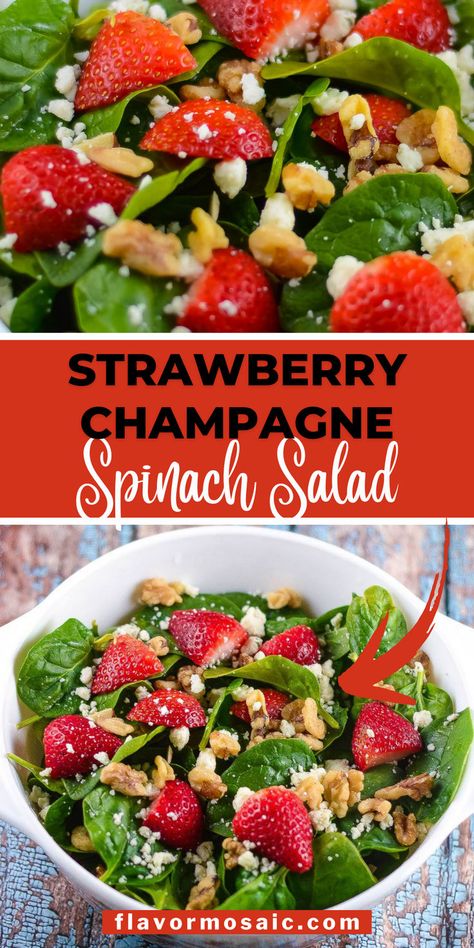 This strawberry champagne spinach salad makes the perfect Valentine's Day dinner or starter for a romantic date night in. This is just part of an easy four course gourmet meal that I put together for a romantic Valentine's Day meal. Click through to the blog for all the details for this dreamy spinach salad! Valentine Salad, Champagne Salad, Spinach Salad With Strawberries, Salad With Strawberries, Champagne Vinaigrette, Fancy Dinner Recipes, Superfood Salad, Greek Salad Recipes, Romantic Date Night