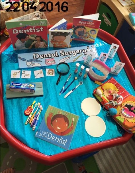 Dentist Tuff Tray Eyfs, Eyfs Dentist Ideas, Brushing Teeth Tuff Tray, Dentist Role Play Eyfs, Dentist Tuff Tray, Teeth Eyfs Activities, Dentist Eyfs Activities, Dentist Role Play, Dentist Play