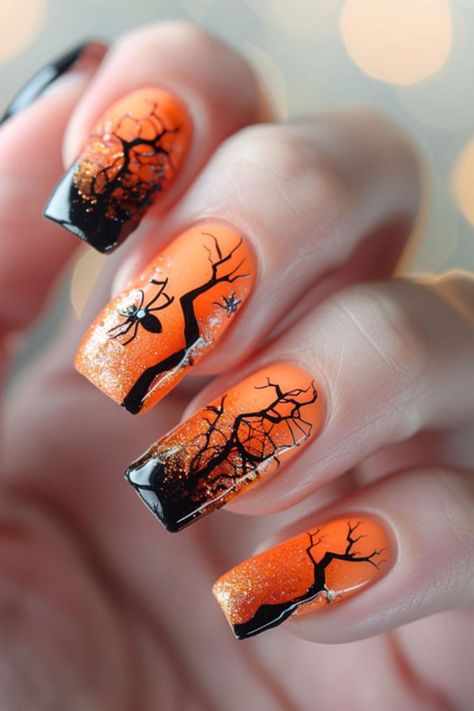 Tangerine Tips Black Orange Nails, Turkey Nails, Cute Nail Polish, Halloween Nails Easy, Orange Nail, Thanksgiving Nail Art, Orange Shades, Festive Nail Art, Green Nail Designs