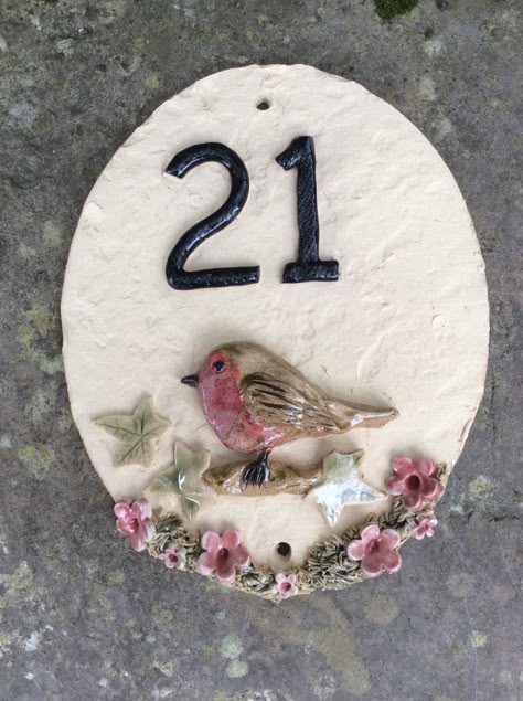 Robin house number plaque by sallyamoss www.ceramiccrafts.com Ceramic Welcome Sign, Ceramic Plaque Ideas, Door Numbers Ideas, Robin House, House Number Ideas, House Number Plates, Robin Design, Ceramic House Numbers, Pottery Lessons