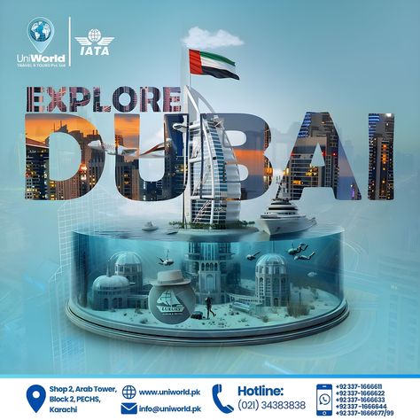 "Uniworld Travel & Tours: Embark on an Adventure to Explore Dubai!" Book now with @uniworld.pk CALL / WHATSAPP: +92 337 1666611 +92 337 1666622 +92 337 1666633 +92 337 1666644 +92 337 1666677 Hashtags: #uniworldtravels #travelagency #tourism #flights #travelandtours #exploretheworld #traveldestinations #exploredubai #Burjalarab #burjkhalifa Dubai Tourism Poster, Dubai Ideas, Photoshop Eyes, Portfolio Reference, Travel Brochure Design, Azerbaijan Travel, Tourism Design, Dubai Tourism, Property Ad